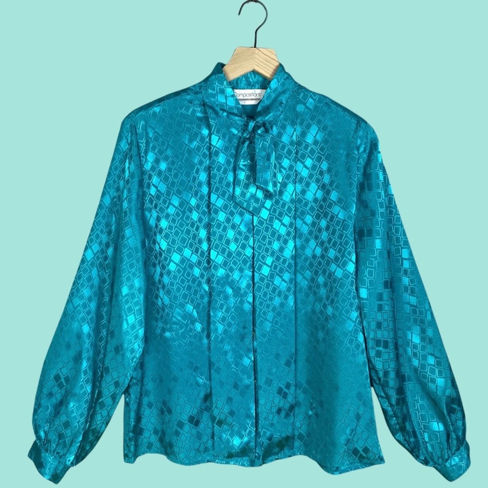 Vintage 80s Compositions Pleated Tie Neck Jacquard Geometric Secretary Blouse